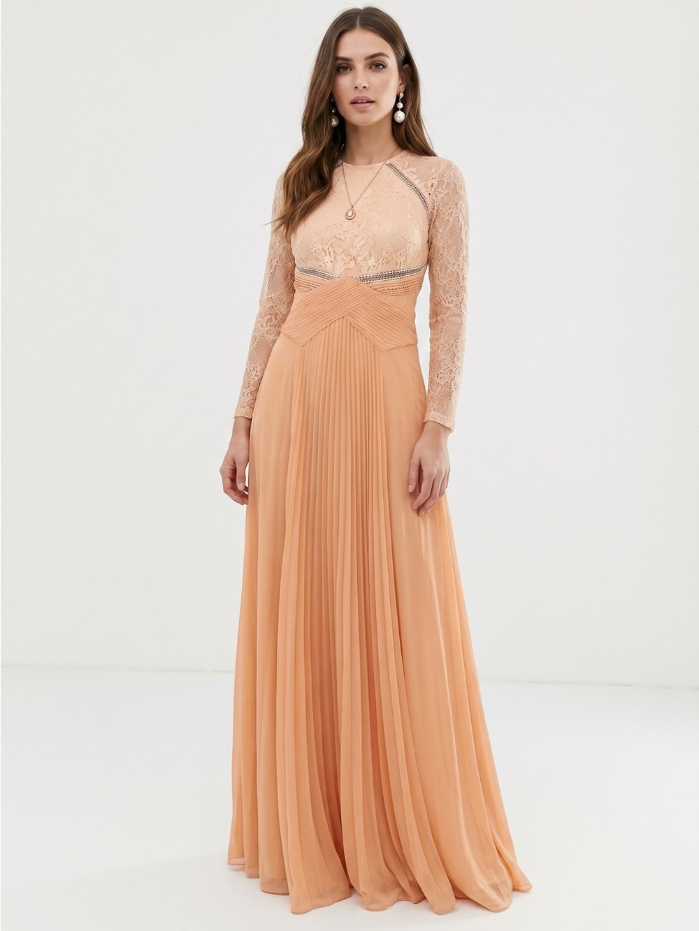 ASOS Peach Lace Long-Sleeve Pleated Maxi Dress